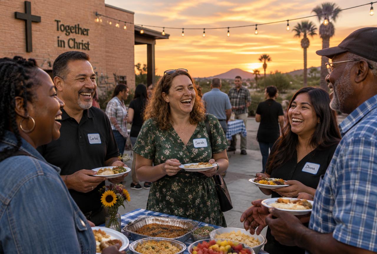 Church members laughing at an outdoor fellowship dinner
