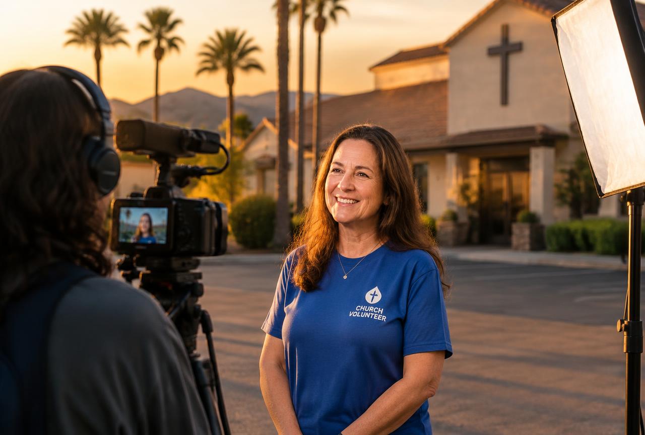 A volunteer interviewed on camera outside an Arizona church